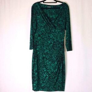 Lauren Ralph Lauren Wrap Dress Size 10 Green Black Floral Ruched 3/4 Sleeve